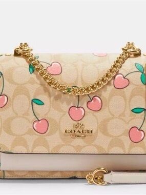 Coach Beige Cherry Print Leather Crossbody with Pink Accents